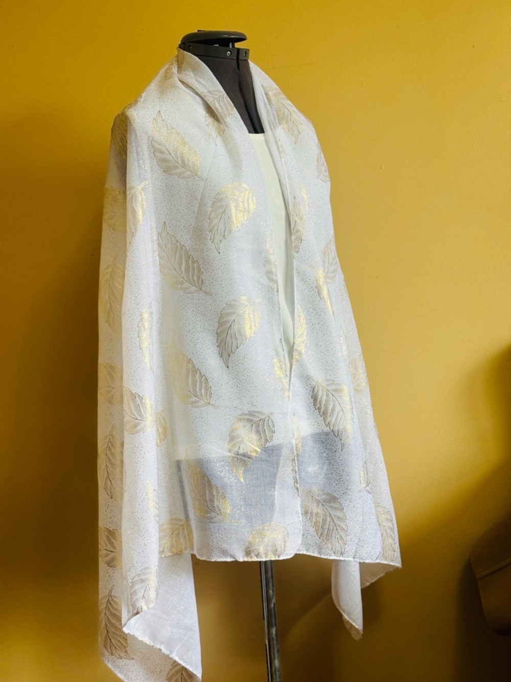 ♥️Sheer White Scarf with Gold Leaf Motif
31”x70” - Picture 4 of 9